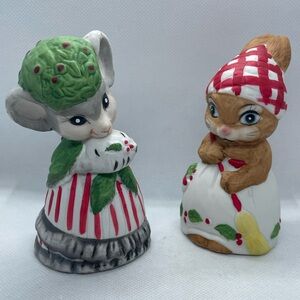 Vintage Jasco Christmas Critter Bells Rabbit Mouse Set Of 2 Bisque Porcelain